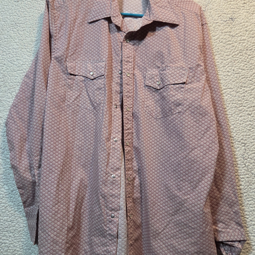 Wrangler Red Geometric Shapes Pearl SNAP Size Large Long Sleeve Button-Up Shirt